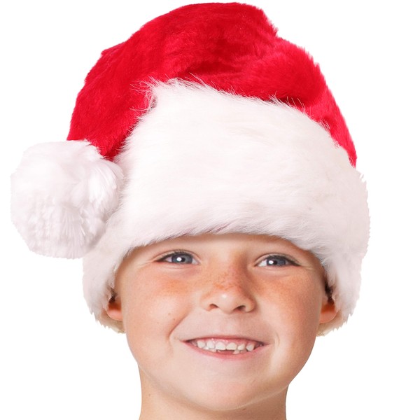 Child Plush Santa Hat for Kids; Unisex, Toddler Ages 3-10 Red