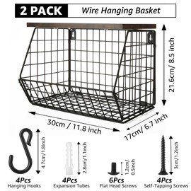 LDHHYH 2 Pack Hanging Fruit Basket Fruit Bowl for Kitchen Counter, Stackable Wall Mounted Hanging Basket with Wood Lid, Wire Baskets for Snack, Fruit & Vegetable Storage -12 x 6.7 x 8.5 Inch