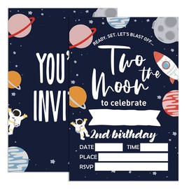 2nd Birthday Invitations for Boy Space with Envelopes, Invites for Two Years Old Birthday Party Galaxy Planets Rocket Ship, Astronaut Birthday Party Invite Cards, Two The Moon, 4"x6" Set of 20