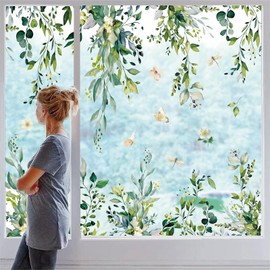 JarThenaAMCS Spring Summer Flowers Window Clings Extra Large Eucalyptus Leaves Window Stickers Greenery Plant Hanging Vine Floral Double-Side Static Window Decals for Wedding Party Home Decor,6 Sheets