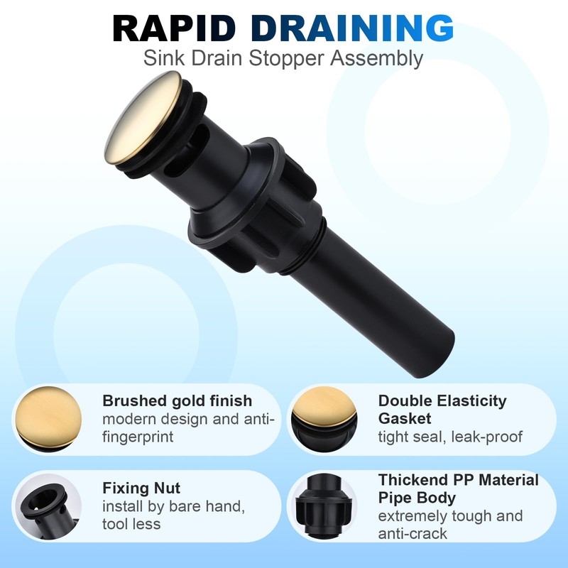 Brushed Gold Bathroom Pop-Up Push-Type Sink Drain Assembly - Vessel