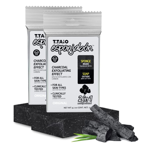 T.Taio Esponjabon Charcoal Soap Sponge - Cleansing Shower Scrubber - Cleaning Bath Wash Scrub - Oil Removal - Massage & Lather Foot, Elbow, & Face - Bathroom Accessories - Charcoal (2-Pack)