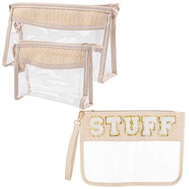 Framendino, 3 Pack Straw Clear Makeup Bag PVC Zipper Pouch Beach Large Letter Patch Cosmetic Bags Beige Travel Toiletry for Summer