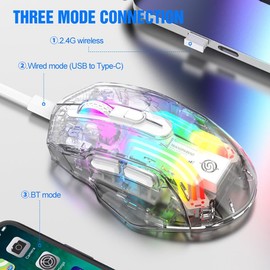 mouse inalámbrico Bluetooth, triple modo 2.4G/USB-C/Bluetooth hasta 3600 DPI, mouse mecánico transparente para juegos, retroiluminación Chroma RGB, mouse USB imprescindible para juegos y deportes