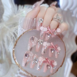 Nail Tip, Long Nail Tip, 24 Pieces, Japanese Style, Dreamy, Glitter, Nail Tip, Long, Pink, Gal, Shiny, Bride, 3D, Fake Nails, Handmade Nail Tip, Korea, Popular, Stylish, Gel Nail Stickers, Coming of