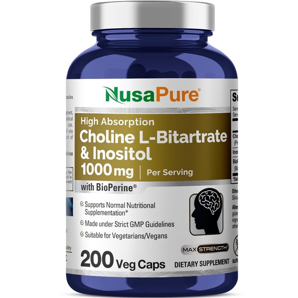 NusaPure Choline & Inositol 1000mg - 200 Veggie Caps (100% Vegetarian, Non-GMO, Gluten-Free) Bioperine