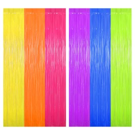 2Pcs Glow in The Dark Metallic Foil Curtains, 3.3x6.6ft UV Reactive Fluorescent Party Backdrop Lightweight with Sticky Backing for Neon Birthday Pride Decorations Supplies