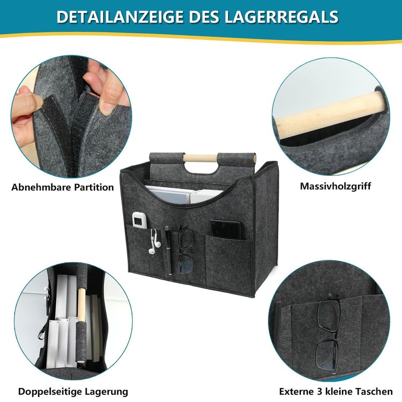 Foldable magazine storage basket, solid wood handle felt organizer, can