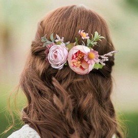 Fangsen Boho Bride Rose Chamomile and Sunflower with Grass Flower Floral Comb With Spring Wedding Hair Piece and Hair Vines Silver (Pink)