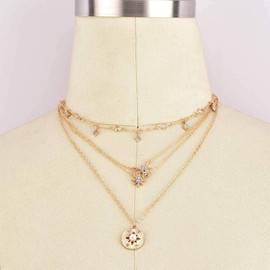 Jovono Boho Multilayer Necklace with Star and Rhinestones for Women and Girls, Gold, Metal, Rhinestone