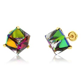 14K Yellow Gold Multi Color Crystal Cube Stud Earrings Screwback (Available 5mm, 6mm), 6