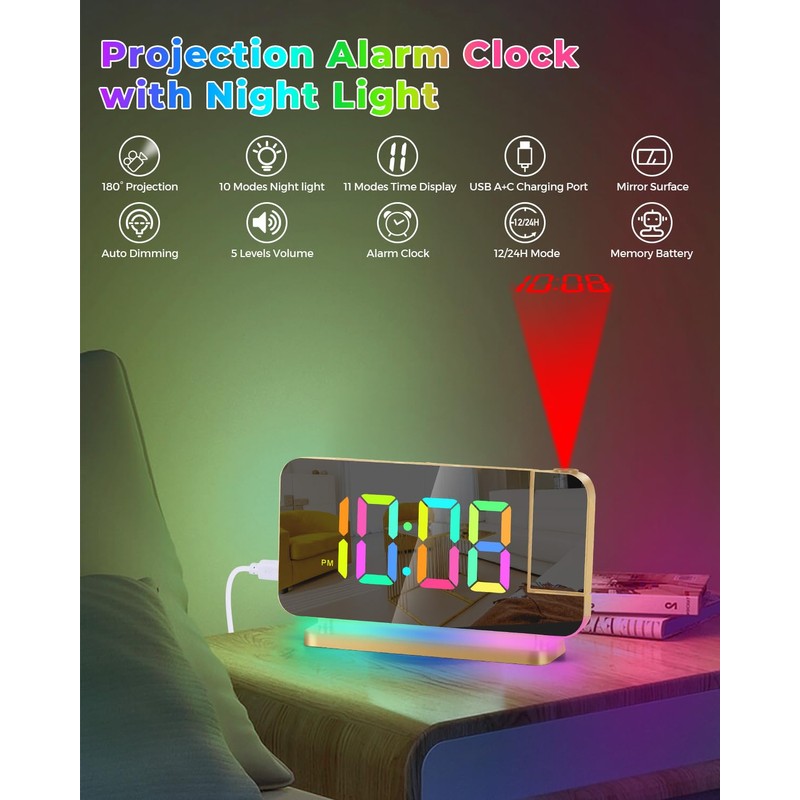 SZELAM Projection Alarm Clock,7.4" LED Mirror Digital Clocks Large Display,with