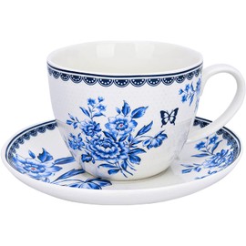 STP Porcelain J-217507 Tea Cup and Saucer, Vintage Indigo, Bone China Porcelain, Floral Design, 15.2 Fluid Ounces