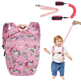 Aomig Children's Safety Lead, 4-in-1 Toddler Walking Harness, Children's Leash Backpack with Anti-Lost Wrist Bracelet (Pink Backpack)