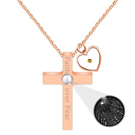 JunyiDIY Cross Pendant Necklace 100 Languages Faith Over Fear Projection Necklace for Her Girl Faith Gift Church Services Sunday School Prayer Groups(Rose Gold)