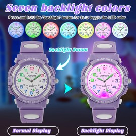 Juboos Kids Watch Analog with 7 Colorful Night Lights Boys Girls Waterproof Soft Strap Kids Time Teaching Quartz Wristwatch for Ages 5-18 (Purple)