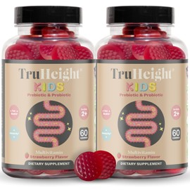 TruHeight Kids Prebiotic & Probiotic Gummies Ages 2+ (Strawberry Flavor) Toddlers & Kids All Natural Supplement for Digestive Health, Gut & Immune Support, Pediatric Recommended Vitamins, Vegan NonGMO