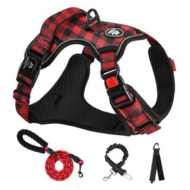 NESTROAD No Pull Dog Harness with Leash, Reflective No Choke Pet Vest Harness,Adjustable Soft Padded Dog Harness with Easy Control Handle for Large Dogs(Checkered Red,Large)