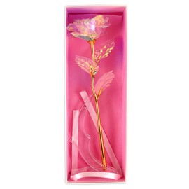 Fishtec - Eternal rose made of gold and crystals - Shiny pink - Transparent stand - Gift idea: Valentine's Day/Mother's Day - Includes stand - Pink box - Color Gold - Multicolor petals