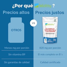 Wellthy Complejo B 200 Cápsulas. Reforzado con Biotina y Glutamina. Casi 7 Meses de Consumo, VCaps Cápsulas veganas, Bottle Free.