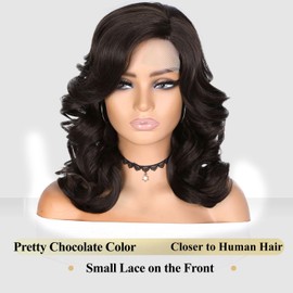 FANCEE Short Loose Wavy Wig Curly Glueless body Wave Wigs Big Curly Lady Side Part Shoulder Length Wigs Synthetic Bob Wavy Wig for Black Women Red (Chocolate Brown, 16)