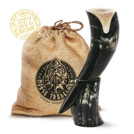 Norse Tradesman Genuine 12" Ox-Horn Viking Drinking Horn With Horn Stand | Burlap Gift Sack Included | "The Original", Polished, 12-Inch