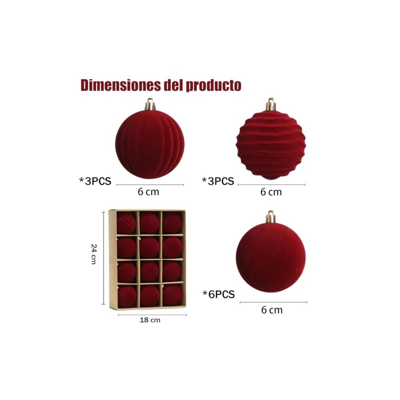 Bolas Navideñas de Terciopelo 12 PCS, Esferas 6 CM para