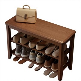 Wood 2-Tier Rectangular Shoe Rack Bench with Leather Cushion for Entryway & Bedroom 2 Tier Shoe Bench with Shoe XD008color: Walnut-wood seat, size: 31.5"W x 20.4"H x 11.8"D