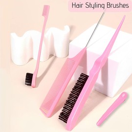 JEYORZY 3-Piece Hair Comb with 4 Pieces Duck Beak Clips, Double Edge Comb, Rat Tail Comb, Bristles Haircut Hair Comb, Hairdresser Comb Hair Brush, for Hairdresser, Home (Pink)