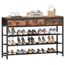 usikey 4 Tier Shoe Rack with 3 Drawers & 3 Fabric Shelves, Holds 15-18 Pairs, Metal Shoe Storage with Wood Top, Shoe Organizer for Entryway, Closet, Apartment, Rustic Brown