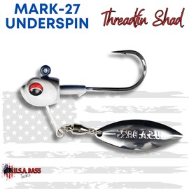 U.S.A. BASS TACKLE Mark-27 Underspin Swimbait Jig Head Tackle Built for Giant Largemouth Smallmouth Spotted Bass - Custom Blades, Paint, Owner Hooks (Threadfin Shad, 3/4oz - 5/0 Hook)