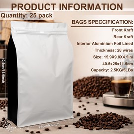25 Pack 2.5KG Coffee Bags with Valve Large Capacity Stand up Aluminum Foil Flat Bottom Pouch Reusable Resealable Coffee Beans Storage Packaging Bags for Roasteries Cafes Home Retail(White)