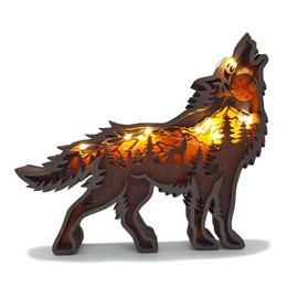 Zagxuade Wooden Wolf Decor with Light, Forest Animals Table Decor, Wooden Knick Knacks Decorations for Home