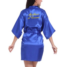 Lovacely Kimono de satén para mujer, para novia, dama de honor, madre del novio, boda, fiesta, batas cortas con purpurina dorada, Azul Royal, S