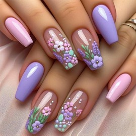 3D Flower Press on Nails Medium Square Shape Nude False Nails with Pink Purple Floral Design Coffin Fake Nails Full Cover Glossy Acrylic Nails for Women Decoration 24PCS Reusable Artificial Nails