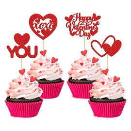 24 piezas de decoración para magdalenas del día de San Valentín con purpurina y corazón "I Love You" para decoración de bodas, propuestas, compromisos, despedidas de soltera, fiestas temáticas, decoración de tartas, color rojo