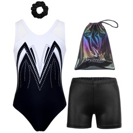JOYSTREAM Gymnastics Leotards for Girls With Shorts Packable Sparkly Ballet Dance Mesh Activewear Classical Black-white,8-9Years