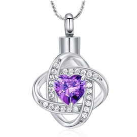 Love Knot Birthstone Urn Necklaces for Ashes Cremation Jewelry Urns Pendant for Human Ashes Memorial Keepsake Jewelry for Loved One (Silver-purple)