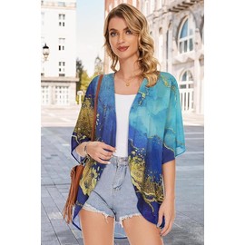 Womens Sheer Kimono Cover Up Oversized Casual Cardigans Chiffon Jacket Shirt (Gloden Blue, L)