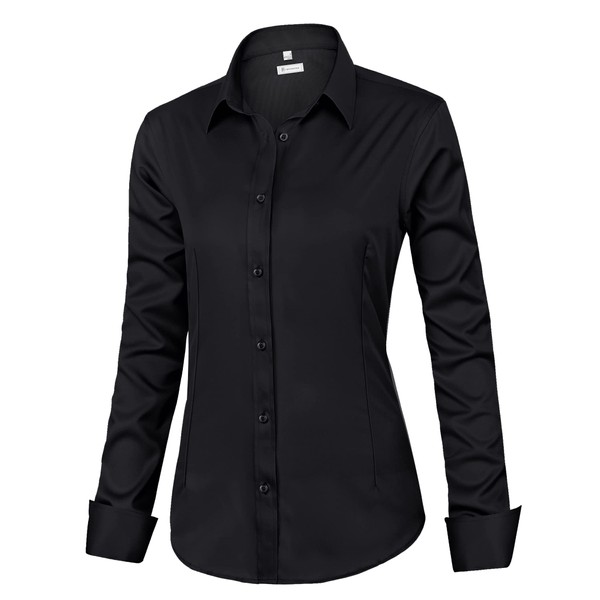 siliteelon Womens Classic-Fit Dress Shirts Long Sleeve Button Down Wrinkle-Free Stretch Solid Casual Work Office Blouse Top Black Medium