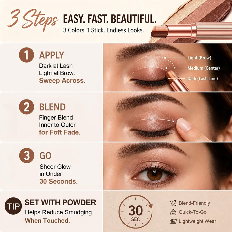 3 Color Eyeshadow Stick, Cream Set of 4, Lightweight Natural