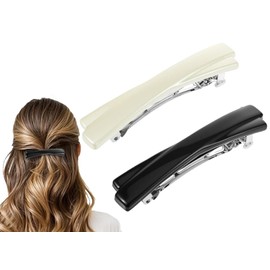 2 Pcs 2.56 Inch French Barrette Hair Clips for Women, Small Tortoise Shell Hair Clip, Curved Glossy Thin Hair Flat Hair Accessories for Women Girls(Black, White)