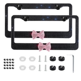 Fashion Bowknot Design Bling Car License Plate Frame for Women,2PCS SUV License Plate Covers,Rhinestone Stainless Steel License Plate Holders(Black Frame Pink Bowknot)