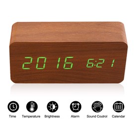 Wooden Digital Alarm Clock, Quiet LED Display, Adjustable Brightness/Sound Control, Table Clock Indicator, Calendar Time and Temperature for Home and Office (Brown Wood + Green Light)