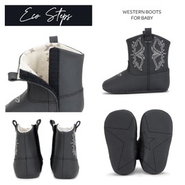 JuJuBe Eco Steps Baby Booties, Western Cowgirl or Cowboy Boots for Babies & Infants, Baby Boy or Baby Girl Shoe, Machine Washable Vegan Leather Baby Shoes, Velcro Closure, Black - 6-9 Months