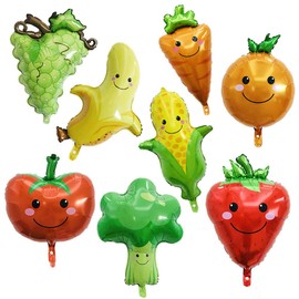8 Pack Assorted Fruit Vegetable Shaped Foil Balloons Jumbo Apple Banana Orange Strawberry Grape Globos Corn Carrots Broccoli Mylar Balloons for Birthday Party Favours