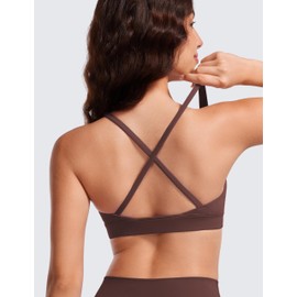 CRZ YOGA Butterluxe Deep V-Neck Sports Bras for Women - Spaghetti Strap Criss Cross Padded Top Low Coverage Wireless Yoga Taupe Small