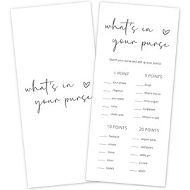 DTLGTG Bridal Shower Game Cards - What's in Your Purse for 25 Guests, Pre-Printed Double Sided 4x9 White Cards for Bachelorette & Wedding Shower Party