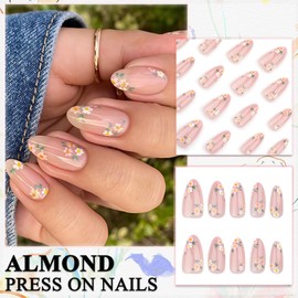 Pack of 24 Flower False Nails - Vivid Press On Nails Summer - Medium Almond Artificial Fingernails for Sticking - Full Cover Artificial Nails for Women and Girls Nail Art (Flower)