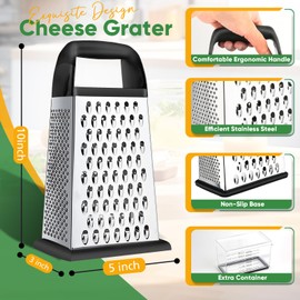 Cheese Grater With Container Professional Box Grater with 4 Sides Stainless Steel Graters Handheld for Kitchen Dishwasher Safe Food Shredder for Parmesan, Vegetables, Ginger